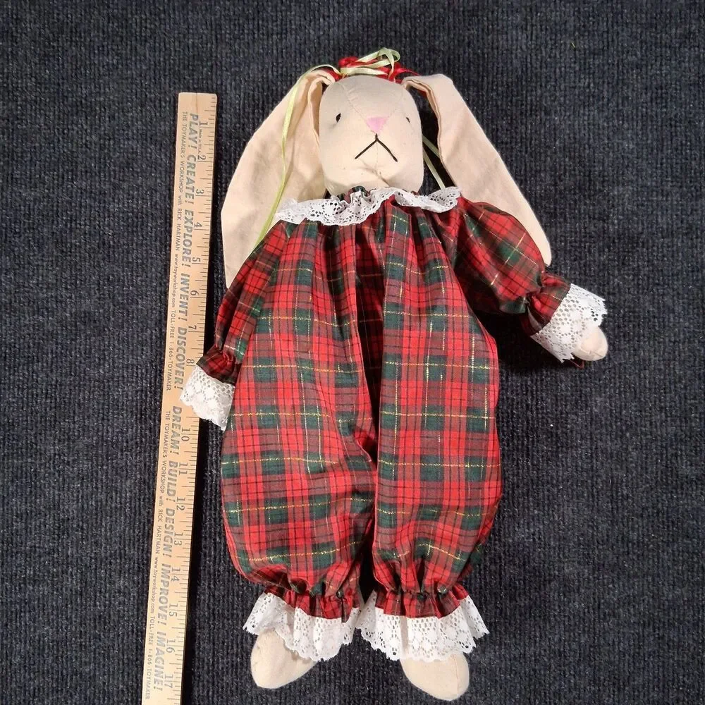 Vtg Christmas Bunny Rabbit Cloth Girl Doll Bunnies Holiday Decor 17